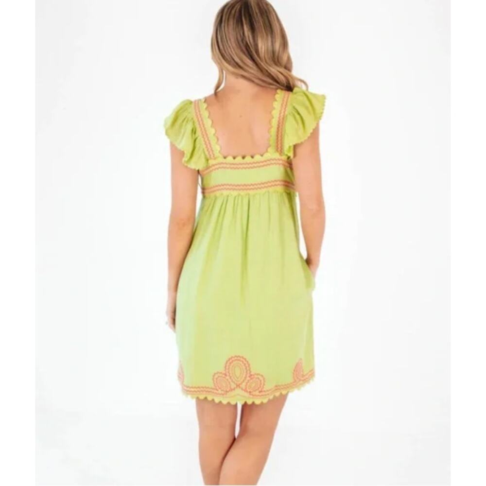 J.Marie Hailey Dress Womens XS Pink Lime Green Embroidered Shift Flutter NEW - Picture 2 of 13